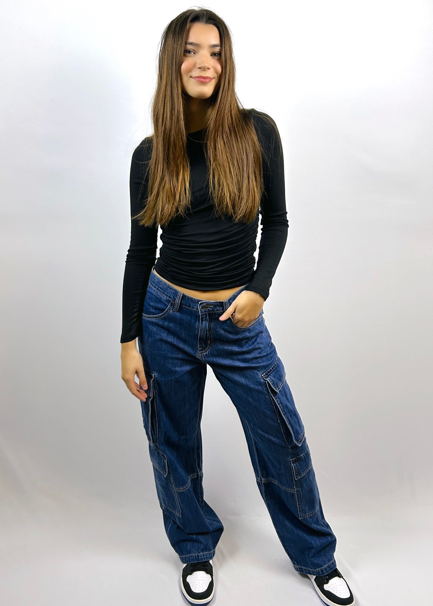 Long Sleeve Ruched Tee | Black - CC Boutique