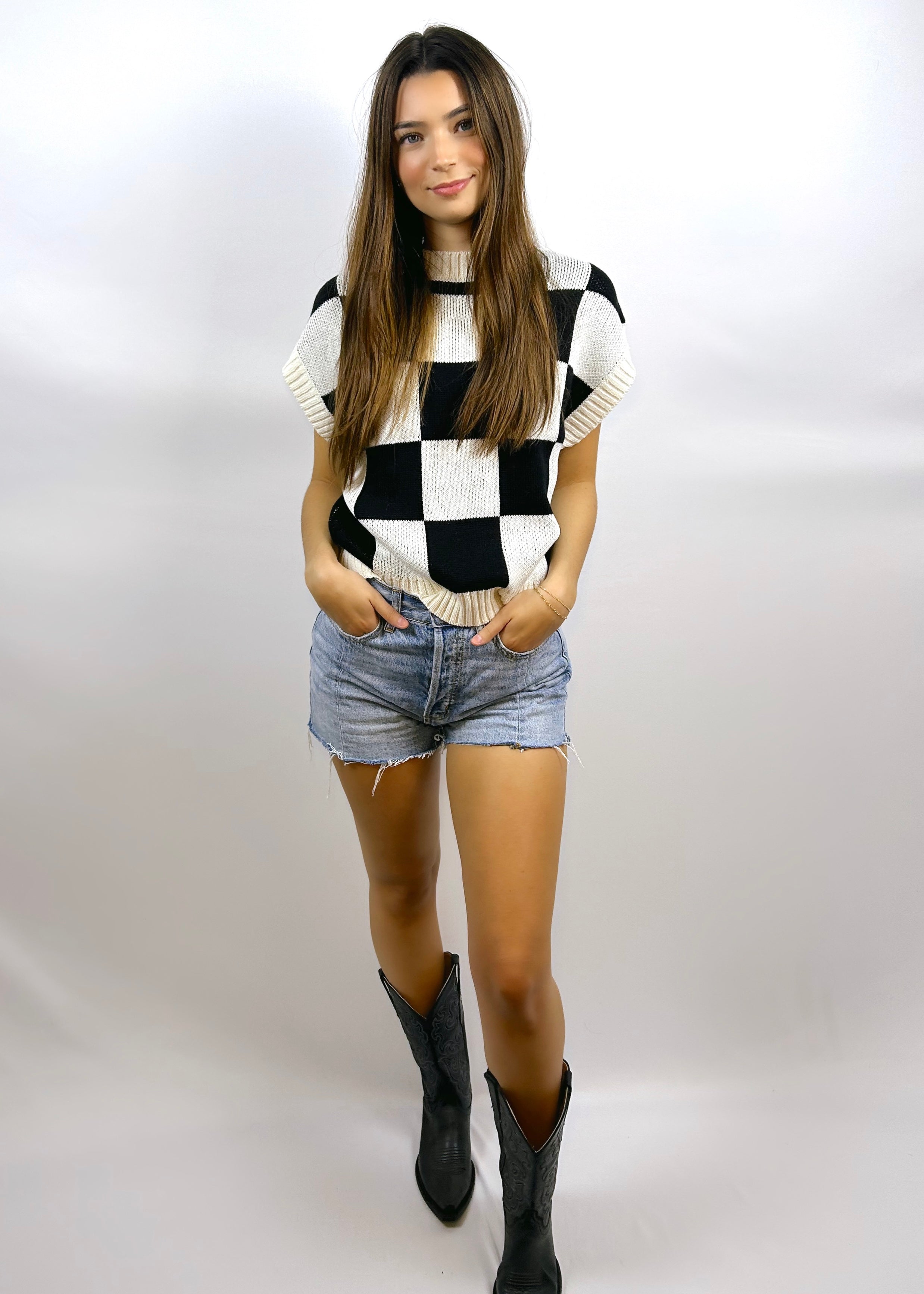 Checkered Oversized Sweater Vest Black Cream CC Boutique