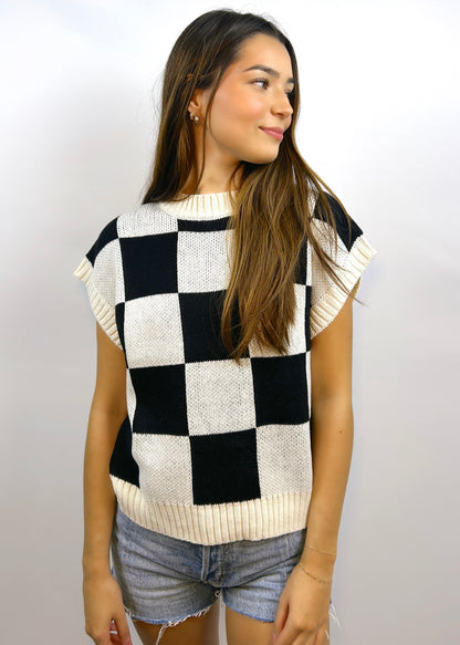 Checkered Oversized Sweater Vest | Black & Cream - CC Boutique