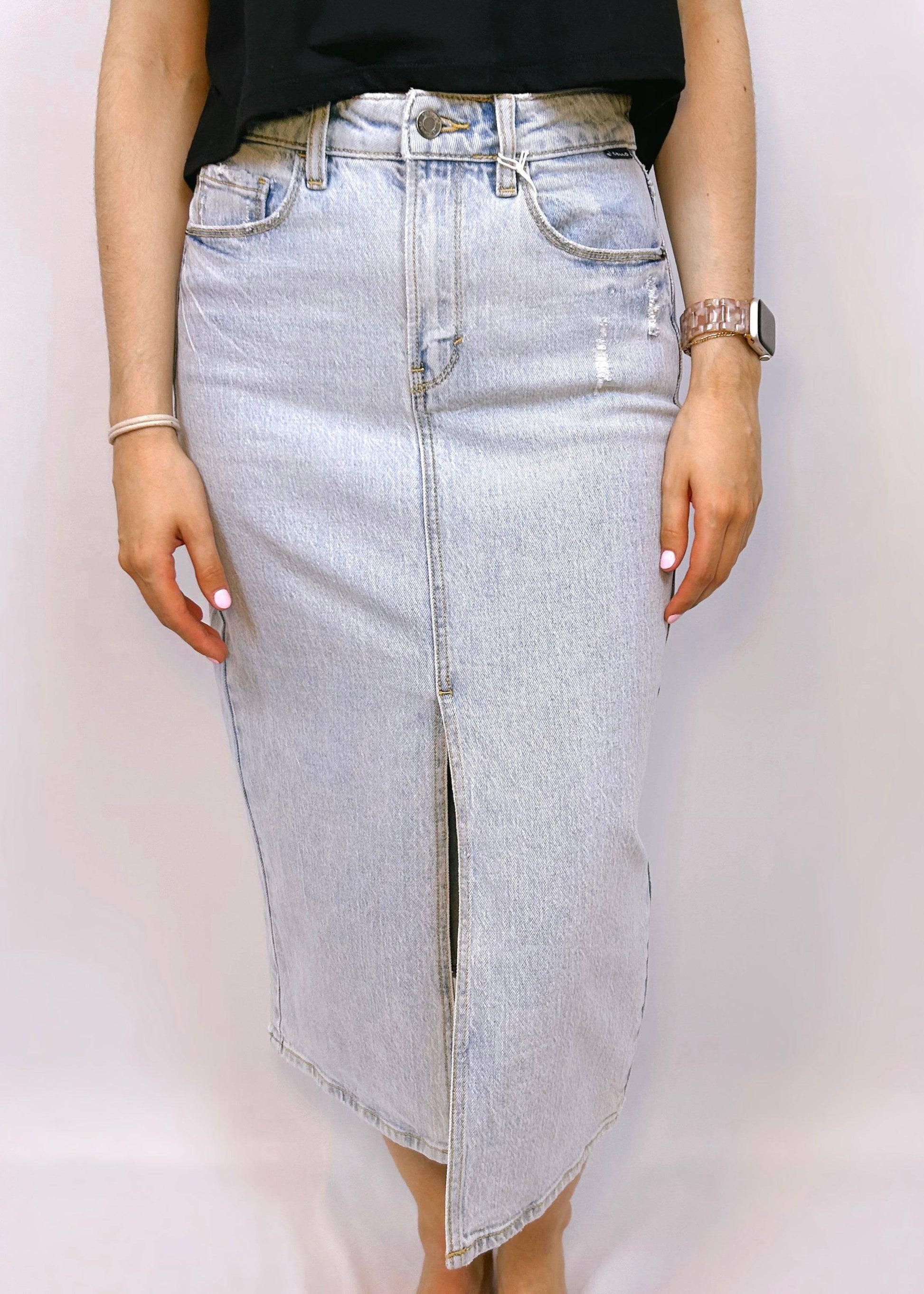 Denim Midi Skirt with Front Slit - CC Boutique