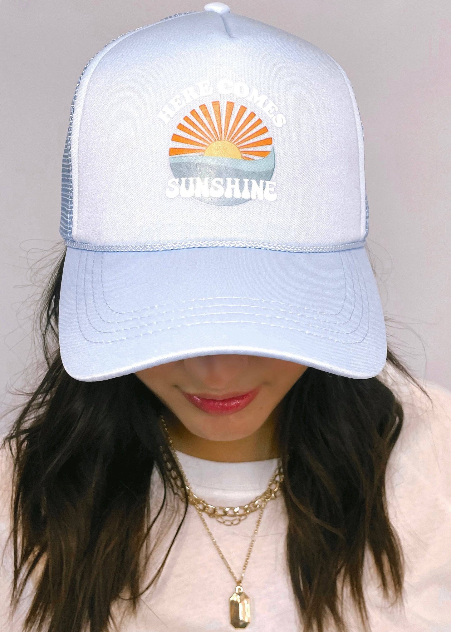 Here Comes Sunshine Trucker Hat | Baby Blue - CC Boutique