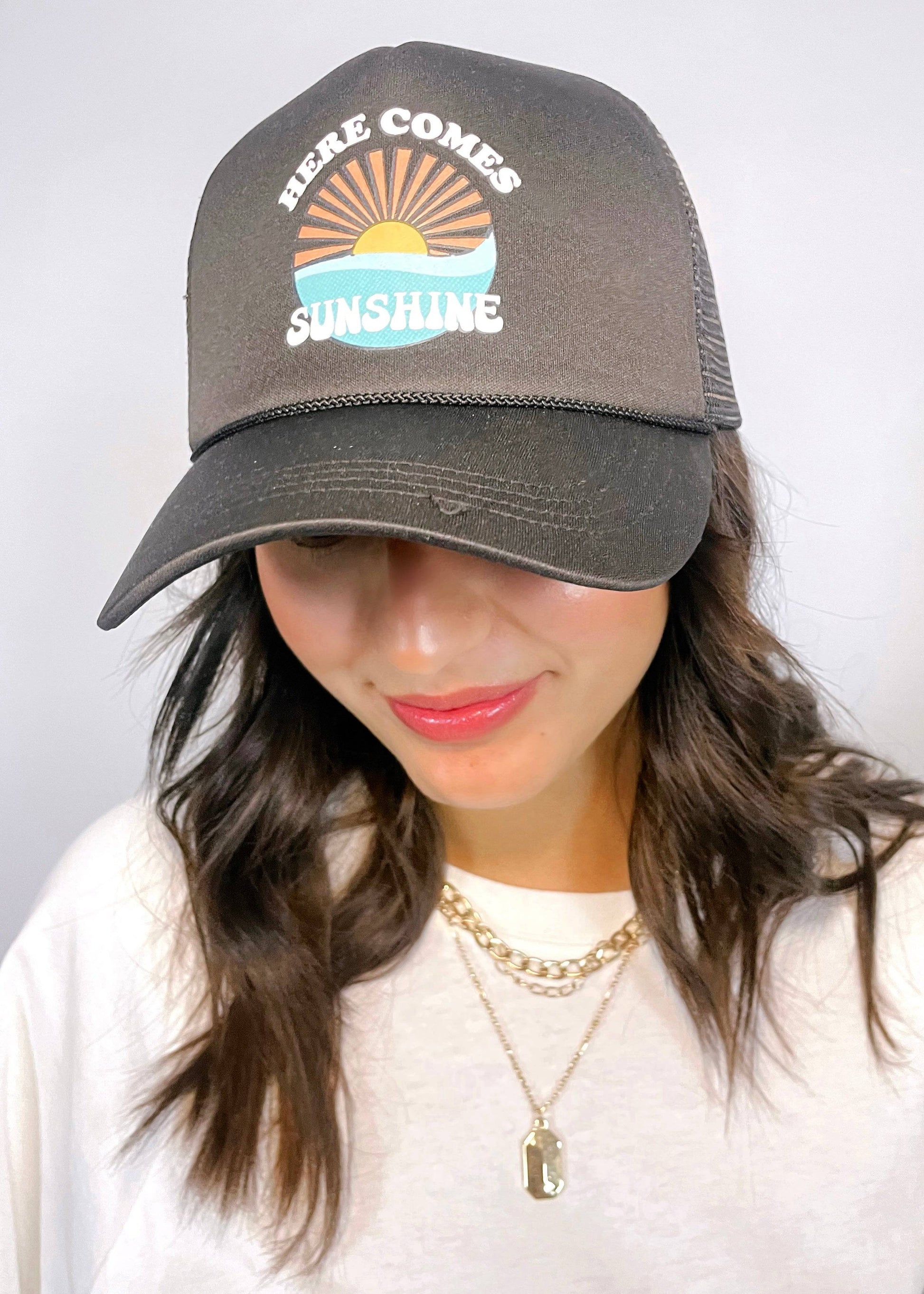 Here Comes Sunshine Trucker Hat | Black - CC Boutique