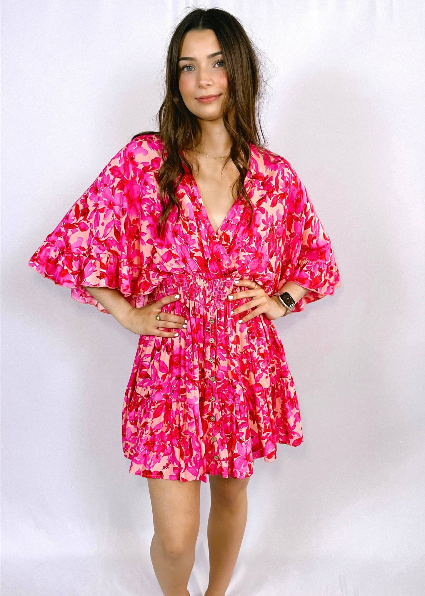 Floral Dress with Ruffled Wing Sleeves | Fuschia - CC Boutique