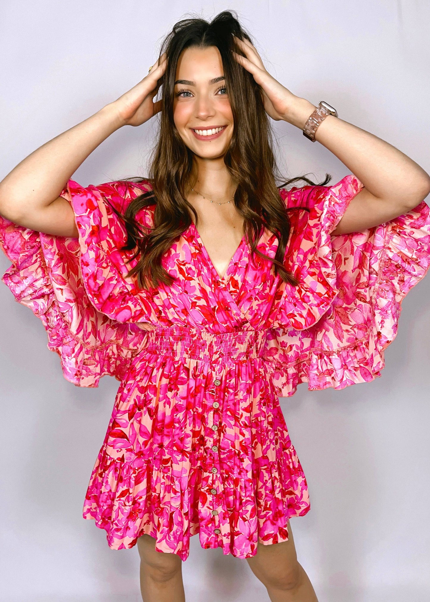 Floral Dress with Ruffled Wing Sleeves | Fuschia - CC Boutique