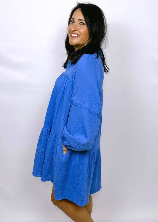 Tiered High-Low Gauze Dress | Blue - CC Boutique