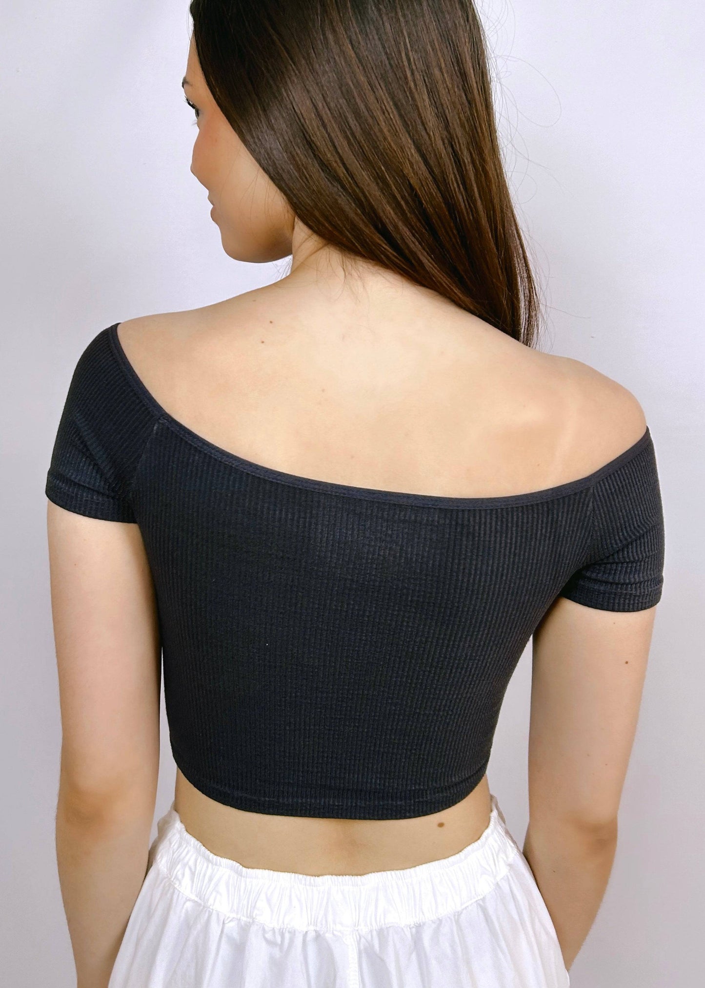Ribbed Off-the-Shoulder Top | Charcoal - CC Boutique