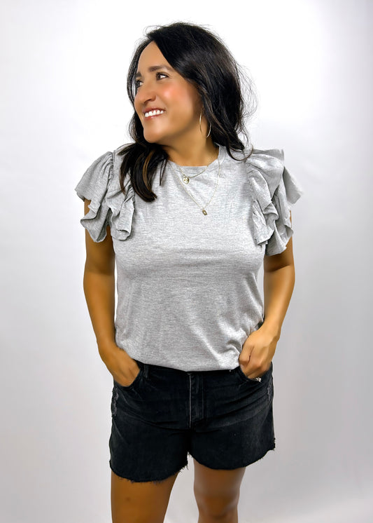 Solid Flutter Ruffle Trim Tee | Grey - CC Boutique