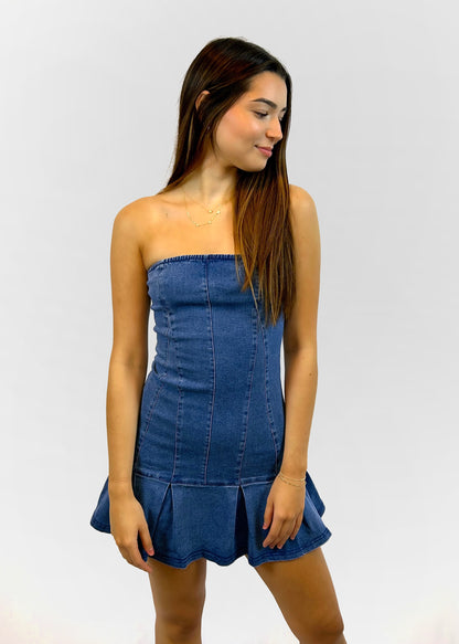 Pleated Ruffle Denim Mini Tube Dress - CC Boutique